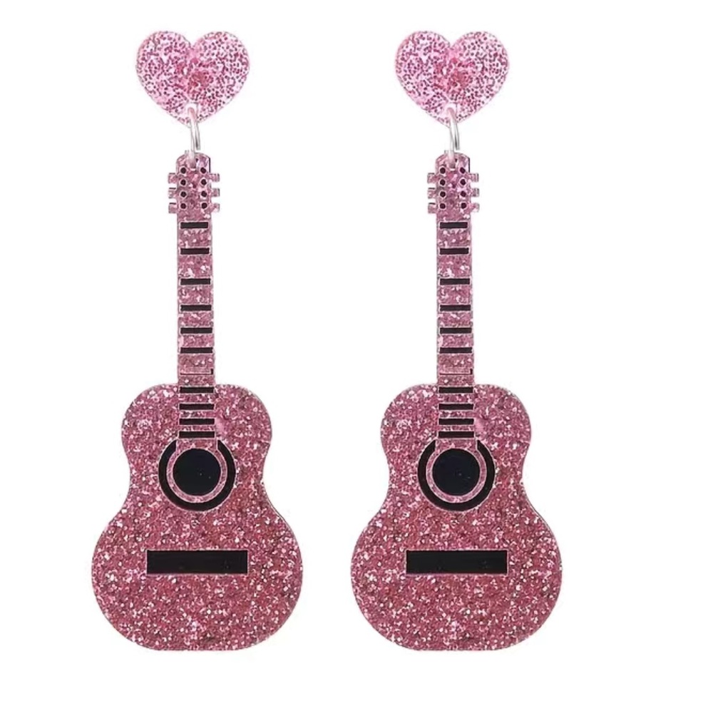 Pink Glitter Guitar Drop Earrings